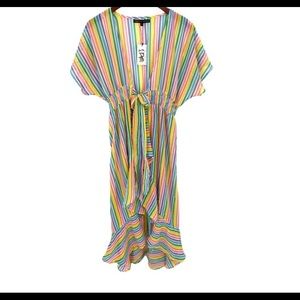 NWT America & Beyond Rainbow Striped Swim Cover-Up Tie Front Ruffled Mediun
